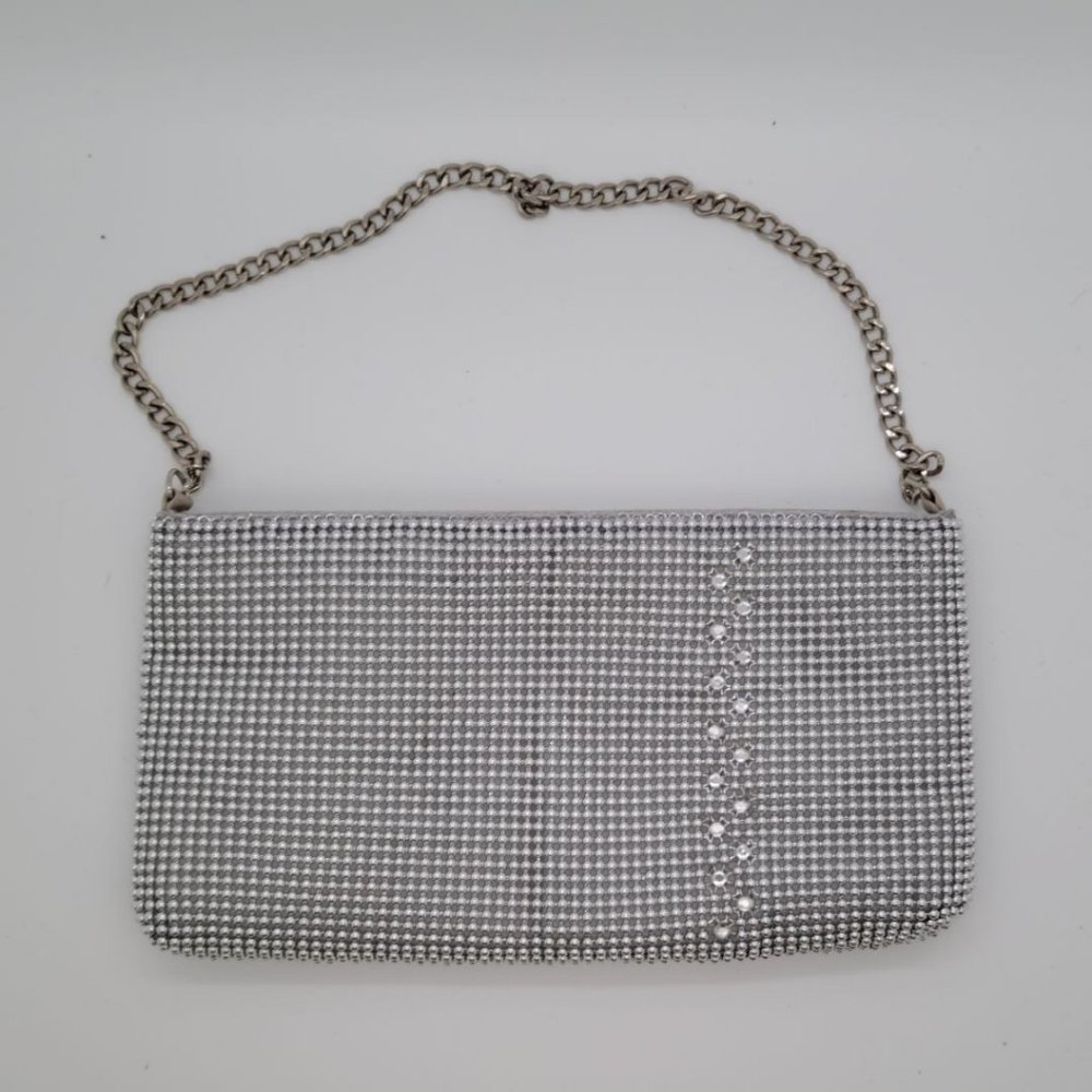 Beaded Elegant Zip Top Silver Shoulder Bag w/ Chain Strap